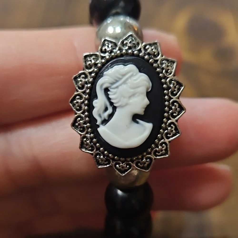 Black Beaded Bracelet with Cameo Charm